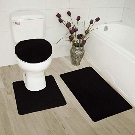 Mk Home Collection 3 Piece Bathroom Rug Set Bath Rug, Contour Mat & Lid Cover Non-Slip With Rubber Backing Solid Black New