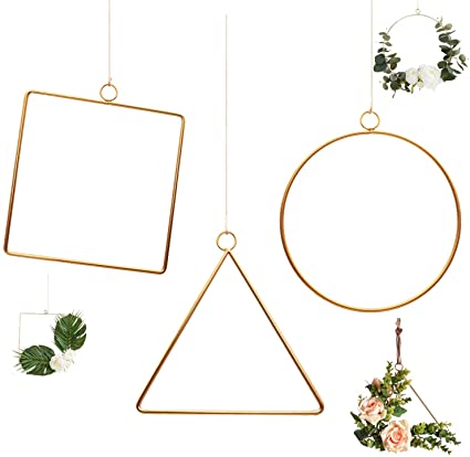 Pack of 3 Matte Brass Champagne Geometric Wire Round Triangle Square Hoop Frame for DIY Flower Arrangement Wreath Macrame Wall Hanging Wedding Baby Shower Backdrop Decor Geometric Wire Wall Decor