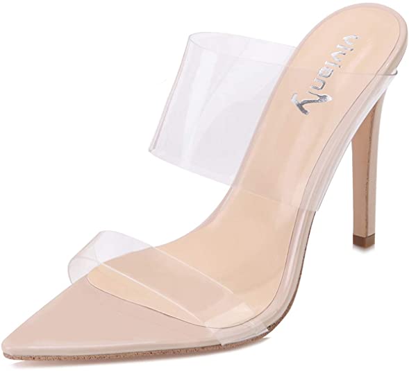 vivianly Clear Pointed Toe Sandals Stiletto Heels Transparent Strap High Heels Slip on Mules for Women