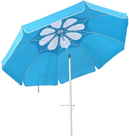 CLISPEED 7ft Patio Beach Umbrella with Sand Achor Aluminum Tilt Pole UV 50  Protection Outdoor Windproof Beach Umbrella for Sand Patio Lawn Garden Backyard (Bright Blue)