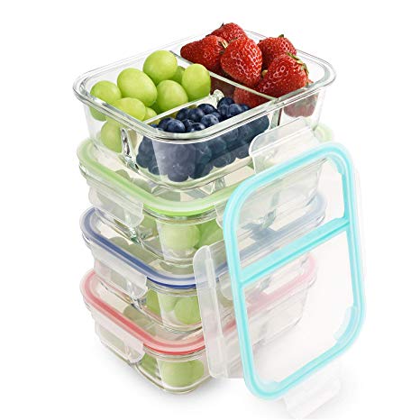 RENPHO [4-Pack, 36oz] Glass Meal Prep Containers 3 Compartment - Glass Bento Box Glass 3 Compartment Food Containers with Airtight Lids Glass Lunch Boxes - Microwave,Oven,Freezer,Dishwasher Safe