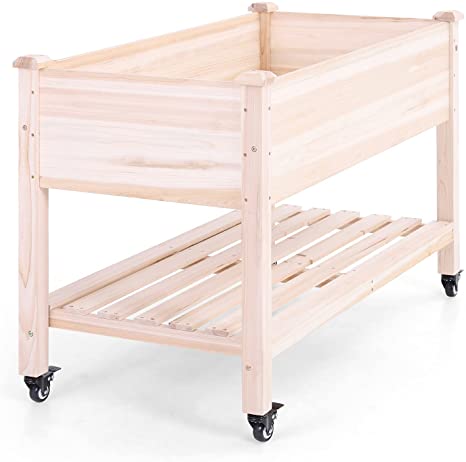 Sophia & William 48"x24"x32" Raised Garden Bed with Wheels, Storage Shelf and Free Liner Fabric, Elevated Cedar Wood Planter, Wooden Planter Box, 250 lbs Capacity