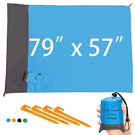 Outdoor Beach Blanket, Sand Free Compact Pocket Picnic Mat 57”X79” Quick Drying Waterproof Ground Cover Durable Tarp with 4 Built-in Sand Anchors for Travel, Hiking, Camping, Festival, Sports