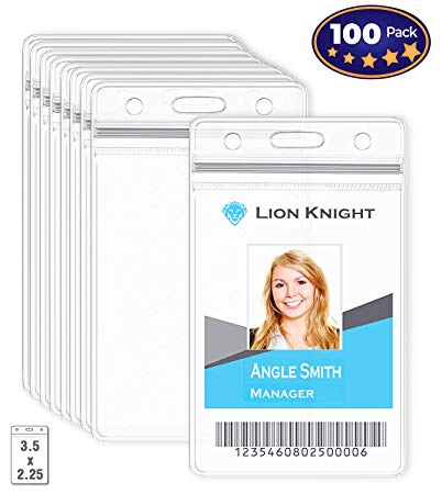 Premium Vertical ID Name Badge Holder 100 Pack - Clear Plastic Nametag ID Card Holder, Resealable, Waterproof - Business, School, Events Favors