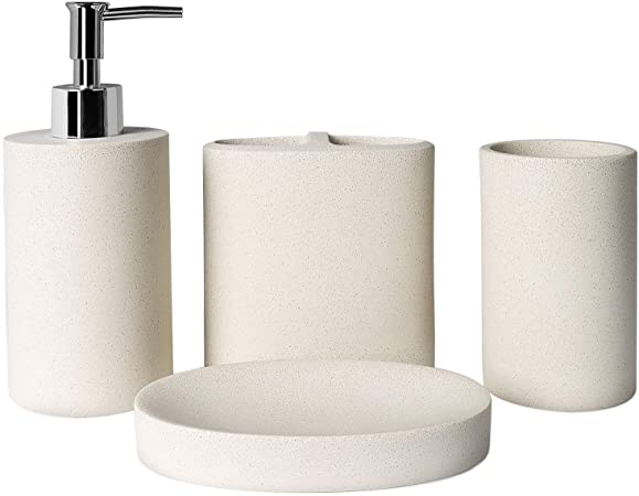 TOPSKY 4 Pieces Bathroom Accessories Set Soap Dispenser/Toothbrush Holder/Tumbler/Soap dish (Beige Stone Effect)