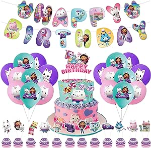 Dollhouse Birthday Party Decoration Set Including Cake Toppers and Balloons And Cartoon Character Cards，Happy Birthday Backdrop, Party Decorations