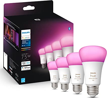 Philips Hue 4-Pack White and Color A19 Medium Lumen Smart Bulb, 1100 Lumens, Bluetooth & Zigbee Compatible (Hue Hub Optional), Compatible with Alexa & Google Assistant