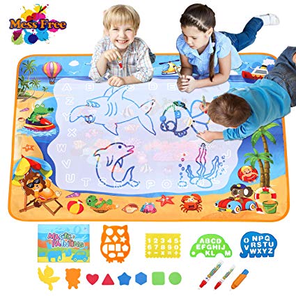 Aqua Magic Mat Water Drawing Mat Board Toy Mess Free Sea World with 3 Magic Pens/Drawing Molds/Booklet Water Doodle Mat Colorful Educational Gifts for Boys Girls Toddlers Kids over Age 2 39.37"X27.5"