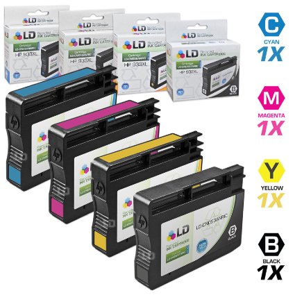 LD  Remanufactured Replacements for Hewlett Packard 932XL  932  HP 933XL  933 Set of 4 Inkjet Cartridges Includes 1 CN053AN Black 1 CN054AN Cyan 1 CN055AN Magenta and 1 CN056AN Yellow