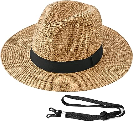 Exemaba Panama Hat for Women Men Wide Brim Fedora Beach Straw Fedora Sun Hat with Chin Strap Foldable Adjustable 58cm