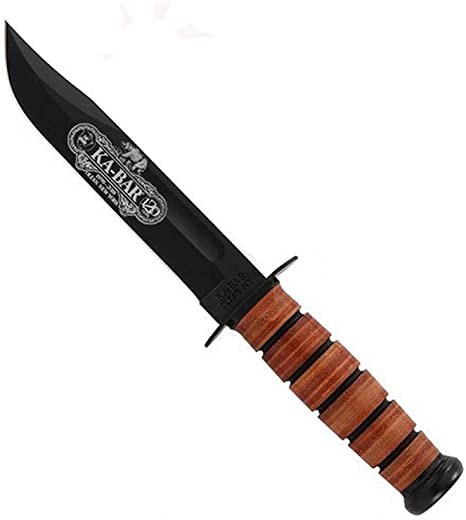 Ka-Bar 9191 KA bar, Commemorative Fighting Knife, 120th Anniversary USMC 7" Plain Blade, Leather Handles & Sheath,Black/Brown