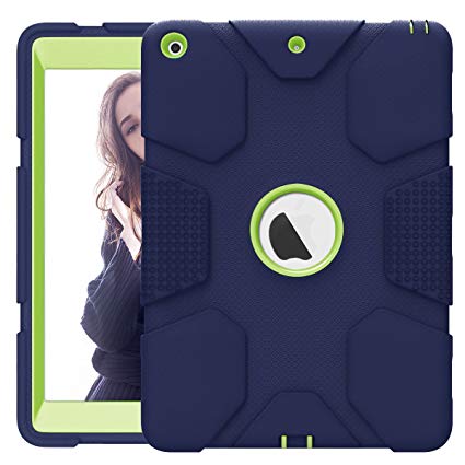 Hocase iPad 9.7 2018/2017 Case Rugged Heavy Duty High-Impact Shockproof Hard Rubber Protective Case for Apple iPad 5th/6th Generation A1822/A1823/A1893/A1954- Navy Blue/Lime Green