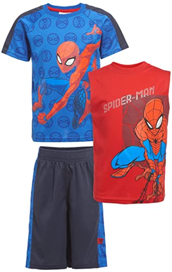 Marvel Avengers and Spider-Man Boys Superhero Short Sleeve T-Shirt, Tank Top and Mesh Shorts Set