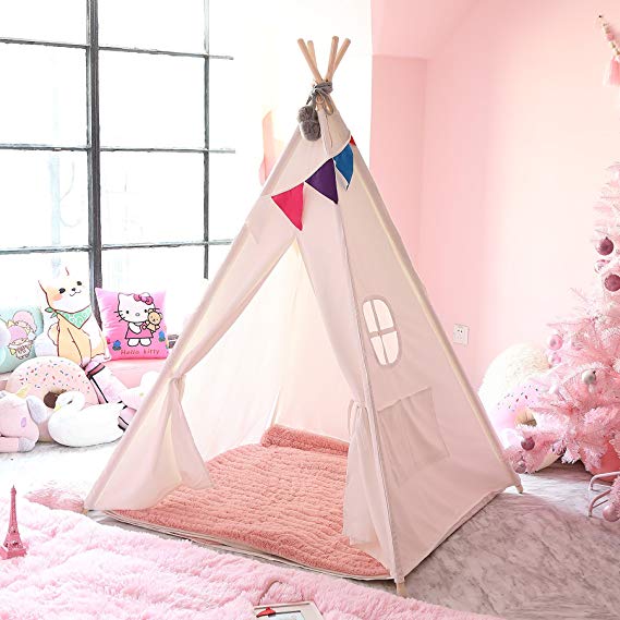 CO-Z Teepee Play Tent Foldable for Kids with Banners & Carry Case, CPST Certificated (4 Poles - 59" Height - Tarp Bottom)