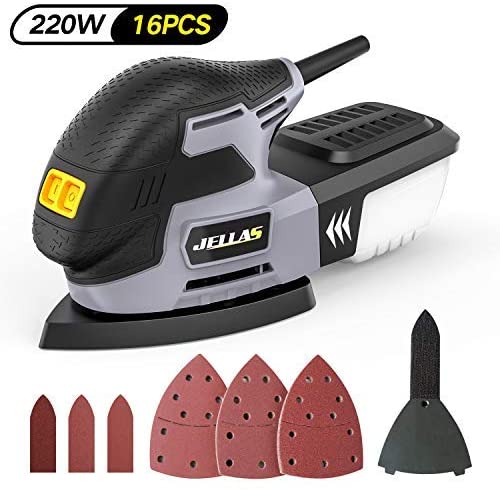 Detail Mouse Sander 220W - JELLAS Compact Sander Machine for Wood, 13,000 RPM Sanders with Dust Collection, 12PCS Standard Sandpapers, Sanding Pads Included
