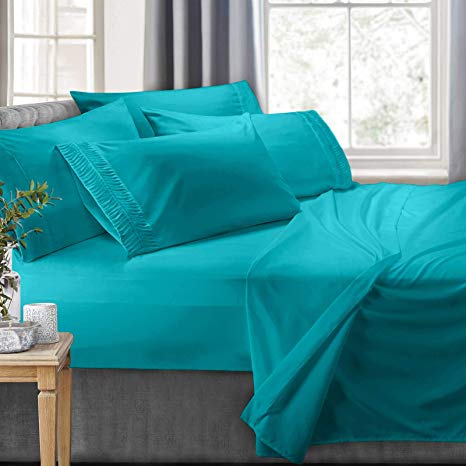 Clara Clark 6-Piece 100% Soft Brushed Microfiber Bedding Set Luxury Pleated Pillowcases, Cool & Breathable, 6 PC Sheets, King, Teal