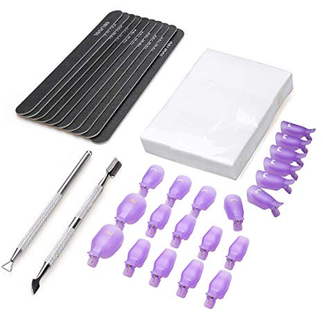 Nail Polish Remover Tool, Stainless Steel Triangle Cuticle Peeler Scraper and Cuticle Pusher,20Pcs Gel Nail Polish Remover Clips,500Pcs Wipe Cotton Pads,10Pcs 100 180 Grit Nail Files