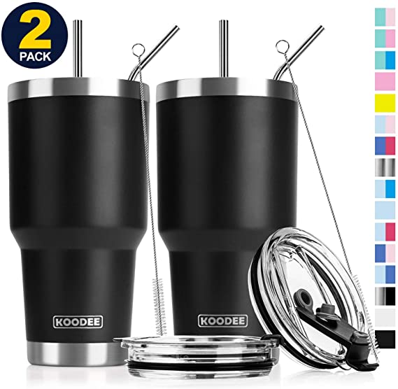 Koodee 2 Pack 30 oz Stainless Steel Tumbler Insulated Travel Coffee Mug with 4 Straws, 2 Straw Lids, 2 Straw Brushes (30 oz, Black 2 Pack)
