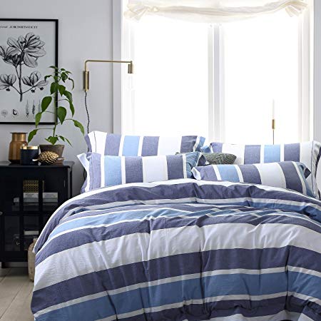 NTBAY 100% Washed Cotton Woven Striped Duvet Cover with Hidden Zipper, Queen Size, Blue