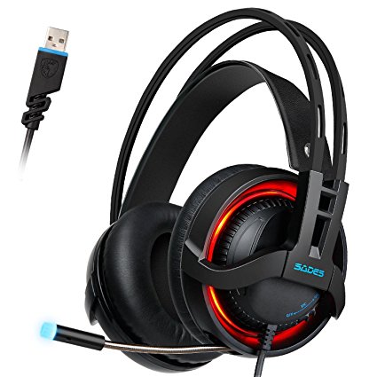 PC Gaming Headset, Sades R2 Stereo 7.1 Surround Sound USB Wired Computer Headphones with Microphone Flexible,Volume Control Over Ear Colorful Breathing LED Lights for Gamers,Black