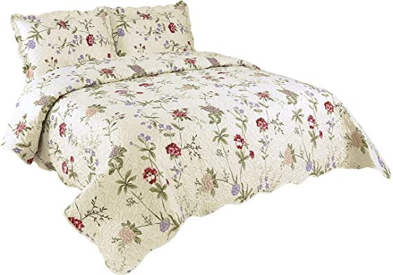 Marina Decoration Rich Printed Embossed Pinsonic Coverlet Bedspread Ultra Soft 3 Piece Summer Quilt Set with 2 Quilted Shams, Light Floral Pattern Pink Green Red Purple Cream Color King Size