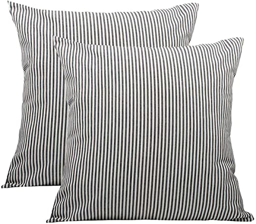 Shamrockers Farmhouse Striped Throw Pillow Cover Decorative Cotton Linen Ticking Stripe Cushion Pillowcase (18”x18”, Black, Pack of 2)