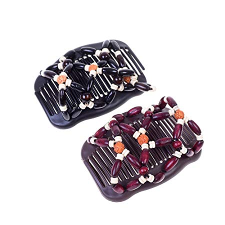 Kloud City Women Magic Combs Wood Beaded Stretch Double Side Combs Clips Bun Maker Hair Accessories (Burgundy # Black)