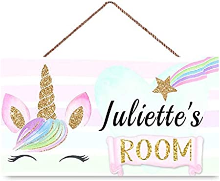 Personalised Rainbow Unicorn Face Door Sign Pink Gold Star Bedroom Nursery Wall Wooden Sign Décor