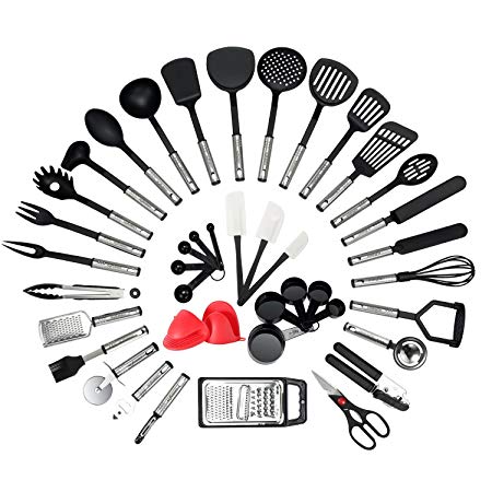 NEXGADGET Premium Cooking Utensils Set 42-Piece Stainless Steel and Nylon Kitchen Utensil Set Cooking Tools & Gadgets Including Fork Can Opener Tong Spatulas Grater Kitchen Scissor Ladle Turner Spoon Cup Peeler Masher Whisk and more