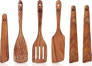 Wooden Spatula for Cooking – Natural Teak Wooden Utensils including Paddle, Turner Spatula, Slotted Spatula and Wood Scraper – Perfect for Flipping, Serving, Scraping & Turning