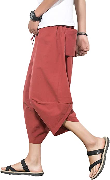 PRIJOUHE Men's Harem Capri Pants, Wide Leg Mens Capris, Summer Linen Pants