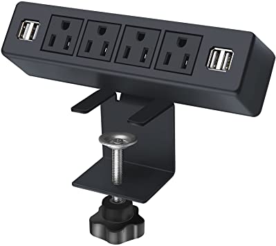 Desk Edge Power Strip with 4 USB Port Removable Clamp Power Outlet Socket with 6.5 ft Extension Cord Connect 4 Plugs for Home Office Reading (Grey)