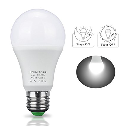 Sensor Light Bulb, HAIMI TREE 7W E26/E27 Smart Dusk to Dawn LED Bulb with Auto on/off Indoor /Outdoor LED Sensor Lighting Lamp for Porch Hallway Patio Garage(Cold White)