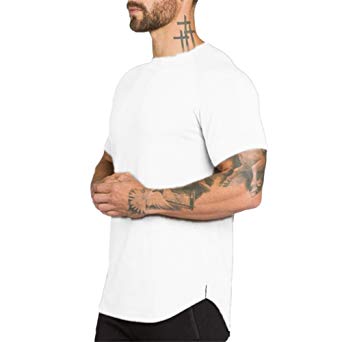 Mens Slim Fitted Gym Athletic T-Shirt Longline Raglan Sleeve Curved Hem Shirts Tees