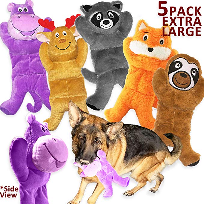 Jalousie 5 Pack 12'' Dog Toys Assortment Value Bundle Dog Plush Toys Dog Squeak Toys12 Inch Each Dog Squeaky Toys Assortment for Medium to Large Breeds - Include Raccoon Elk Hippo Fox Sloth
