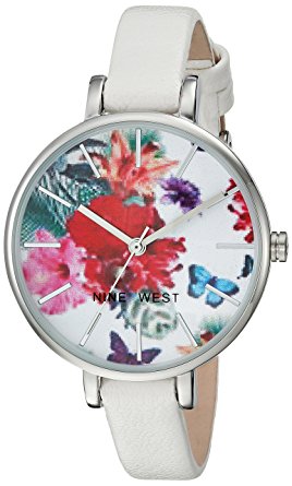 Nine West Women's NW/2037FLWT Floral Patterned Dial White Strap Watch