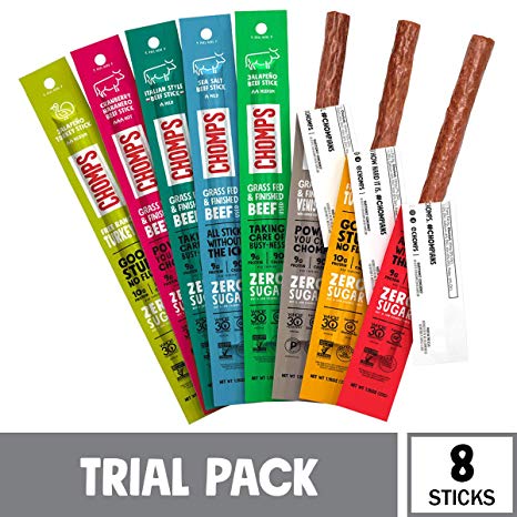 CHOMPS Grass Fed & Free Range Meat Sticks, Whole30, Keto, Paleo, Gluten Free, Sugar Free, Nitrate Free, Low Carb, High Protein, Variety Pack of 8 Sticks