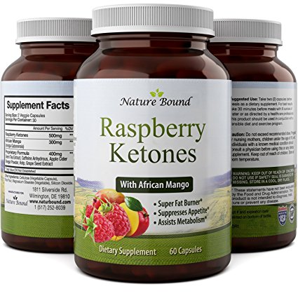 Raspberry Ketones, Green Tea Extract & African Mango Weight Loss Supplement - Potent Blend of Pure Natural Ingredients - Helps Burn Fat & Suppress Appetite - 60 Capsules - By Nature Bound