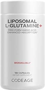 Codeage L-Glutamine 1000mg Supplement, Free-Form Amino Acid Glutamine, Liposomal Delivery for Enhanced Absorption, 3-Month Supply, Vegan & Non-GMO, Gut Health, Immune, Muscles Support, 180 Capsules