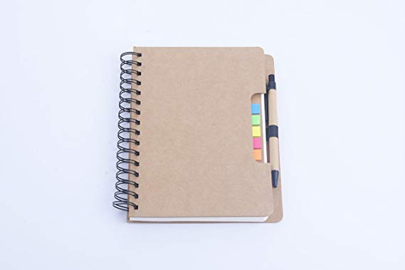 Seawind Spiral Notebook Kraft Paper Lined Notebook with Pen in Holder and Sticky Notes, Page Marker Colored Index Tabs Flags-5.88.25 in (Brown)