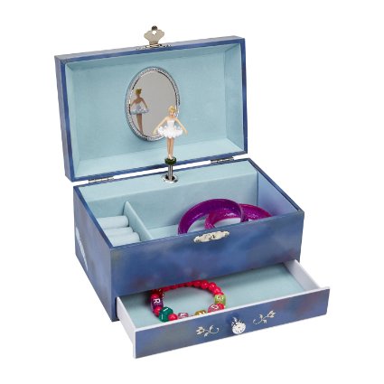 JewelKeeper Swan Lake Musical Jewelry Box with Pullout Drawer, Blue Girl's Jewel Storage Case, Swan Lake Tune