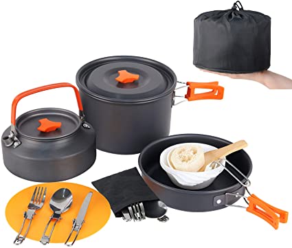 Camp Cookware Set, MEETSUN 17 Piece Camping Cookware 3L Camping Pot 4 Person High Capacity Camping Gear and Equipment with Camping Coffee Pot Chopping Board Folding Knife and Fork Set for Outdoor Camping Backpacking Hiking Picnic