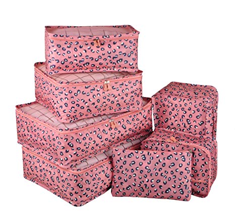 Vercord 7 Set Travel Packing Organizers Cubes Mesh Luggage Cloth Bag Cubes With Bra/Underwear Cube and Shoe Pouch, Pink Leopard