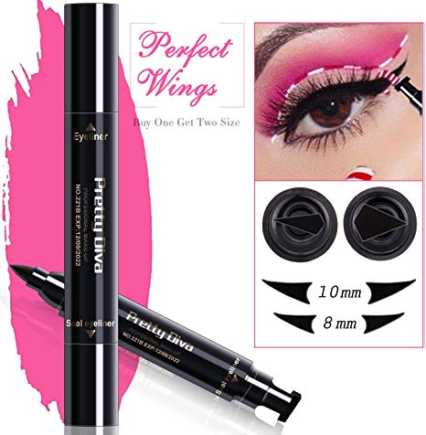 PrettyDiva Winged Eyeliner Stamp - 2Pcs/pack Waterproof Smudgeproof Long Lasting Liquid Eyeliner Pen, Double-Head Eye Makeup Seal Stamp Tool for Wing or Cat Eye - Black