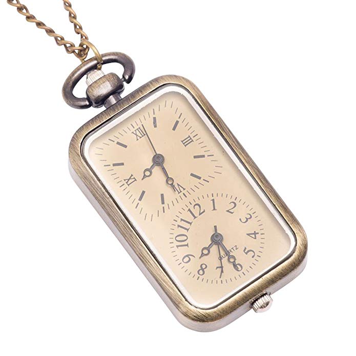 81stgeneration Women's Brass Vintage Style Dual Time Zone Pocket Watch Chain Pendant Necklace, 78 cm