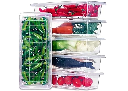 ComSaf Fridge Storage Boxes (Pack of 6), Fridge Organizer with Removable Drain Plate Tray Keeps Fruits, Vegetables, Meat, Fish Fresh Longer (1500ml, Set Of 6)