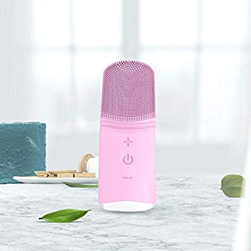 Waterproof Rechargeable Electric Portable Soft Silicone Facial Cleansing Brush   EMS Microcurrent Massager and Deep Pore Cleaner USB Charging (PINK)
