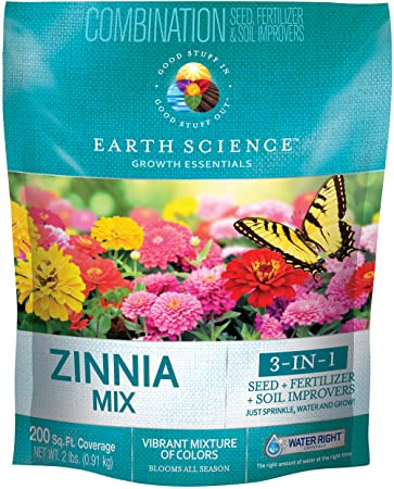 Zinnia Mix from Earth Science (2 lb), 3-in-1 Mix with Premium Wildflower Seed, Plant Food and Soil Conditioners, Non-GMO