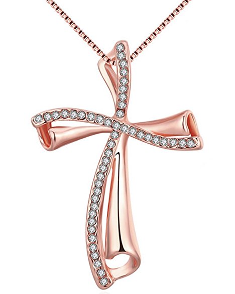 Joyfulshine Womens Fashion Cubic Zirconia Cross Pendant Necklace Rose Gold