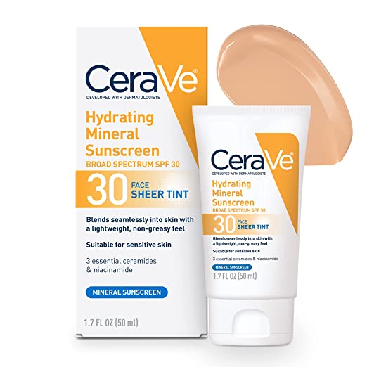 CeraVe Hydrating Mineral Tinted Sunscreen Cream with SPF 30 with Zinc Oxide & Titanium Dioxide - Sheer Tint for Healthy Glow, 1.7 Fluid Ounce